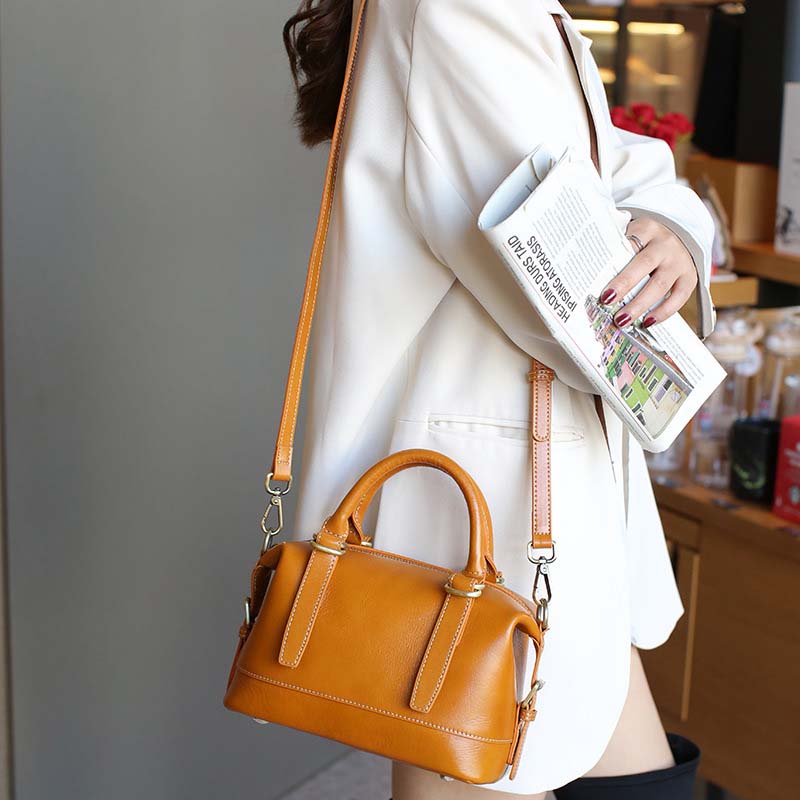 Vegetable-tanned Leather Boston Bag | Cowhide Crossbody Handbag