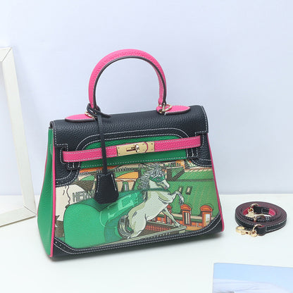 Limited Edition Graffiti Style Handbag 28cm Top Grain Leather Shoulder Bag