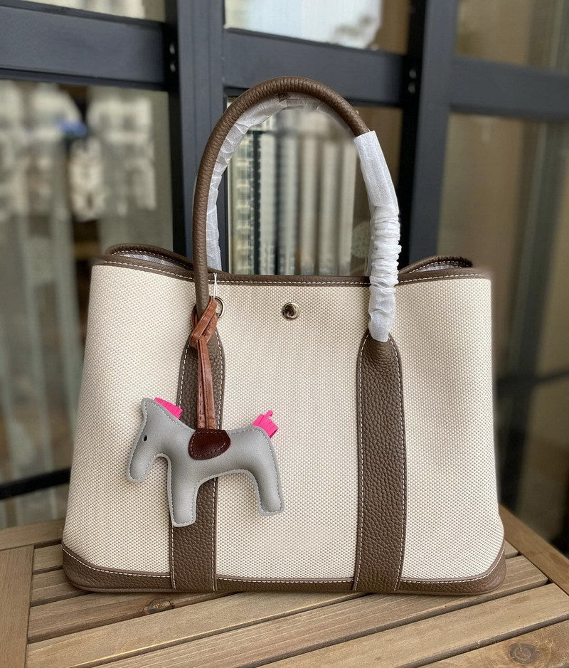 Canvas & Leather Inspired Garden Party Bag Contrast Color Handbags for Woman