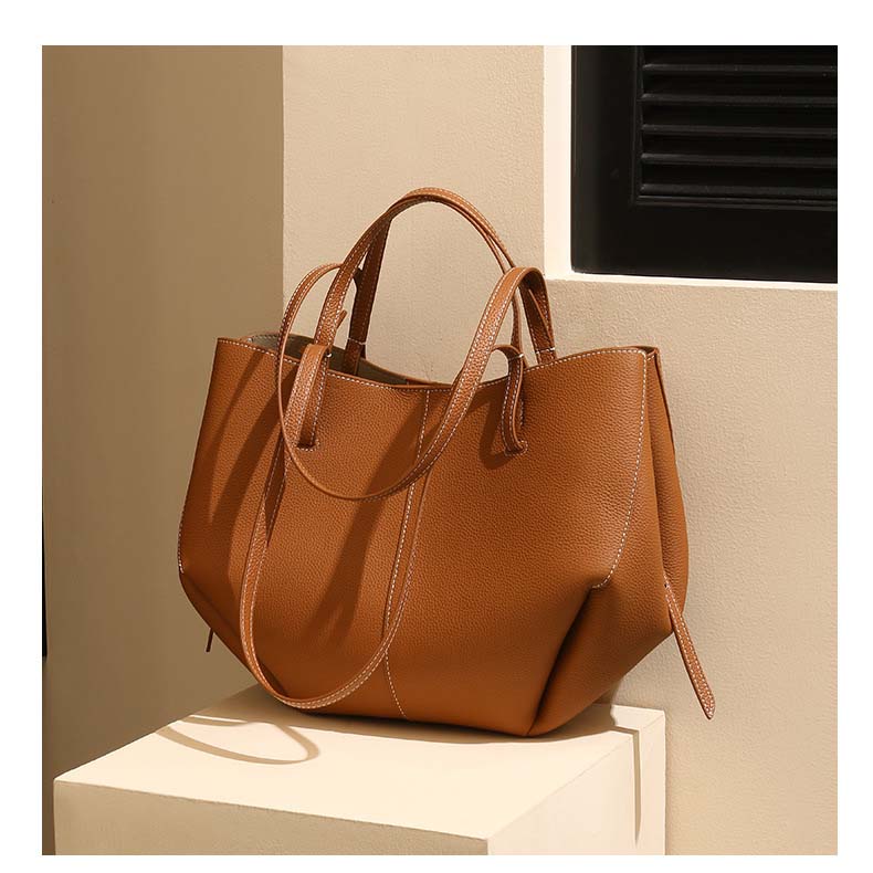 Genuine Leather Pleated Tote Bag Large Capacity Handbag with Pouch