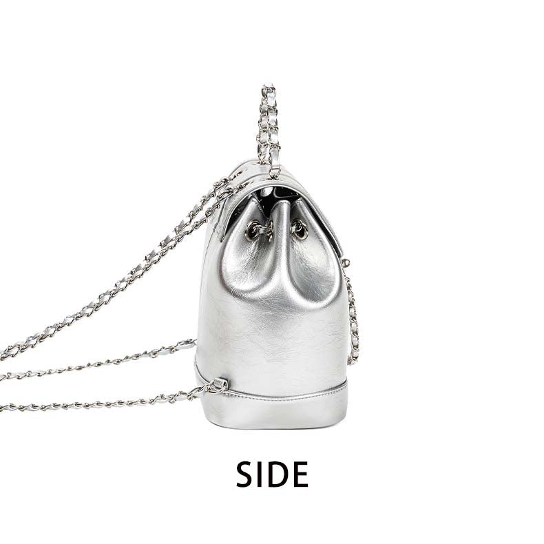 Retro Silver Leather Chain Bag Woman Travel Backpack
