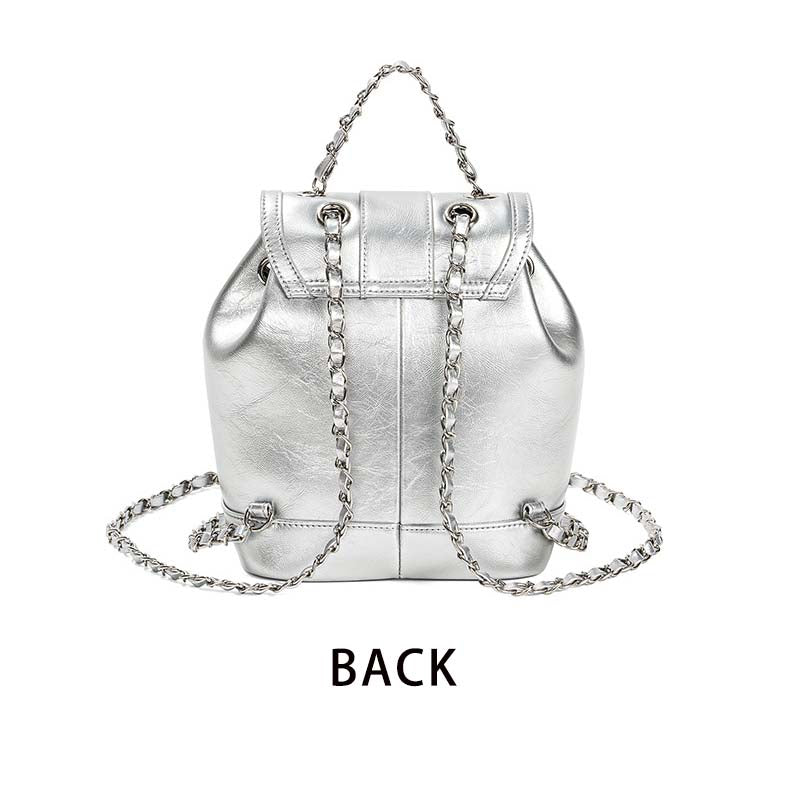 Retro Silver Leather Chain Bag Woman Travel Backpack