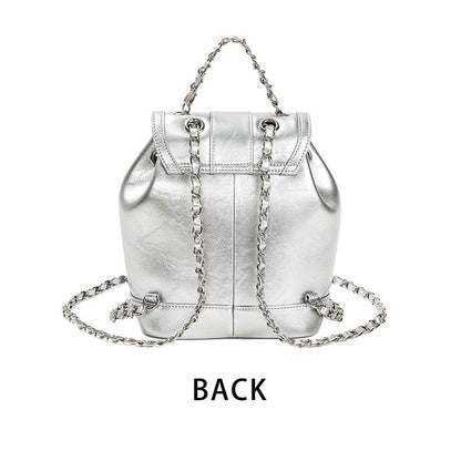 Retro Silver Leather Chain Bag Woman Travel Backpack