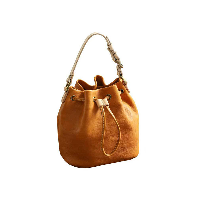 Drawstring Retro Vegetable Tanned Leather Bucket Bags Woman Genuine Leather Bag