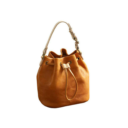 Drawstring Retro Vegetable Tanned Leather Bucket Bags Woman Genuine Leather Bag