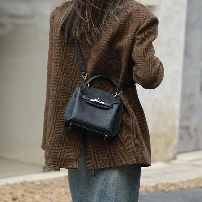 Minimalist Shoulder Bag Top Grain Leather Handbag in Silver Hardware