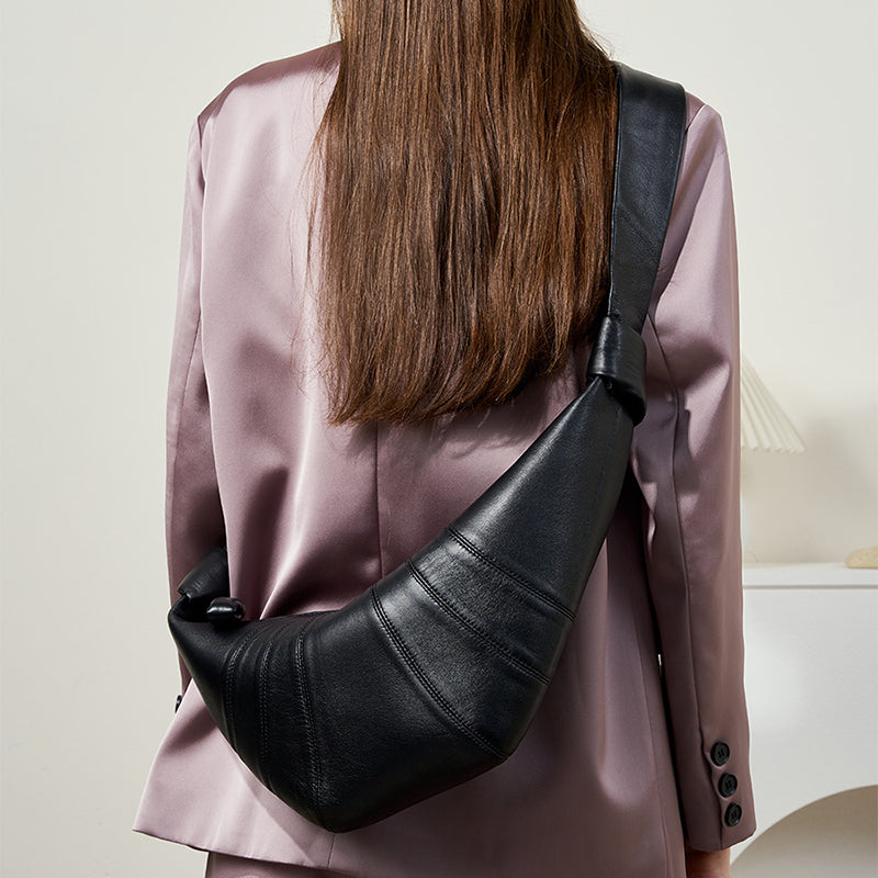 Premium Lambskin Leather Croissant Bag - Soft Hobo Crossbody Shoulder Purse