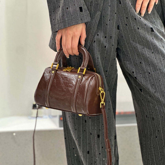 Retro Leather Boston Barrel Bag | Compact & Chic