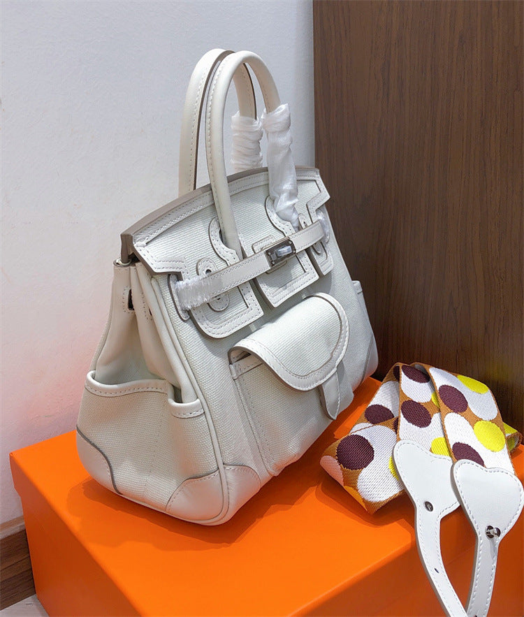 Inspired Berkin Bag Toile Canvas Swift Leather Handbags 25cm | Automatic 20% OFF at Checkout