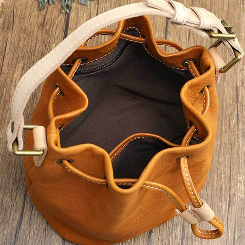 Drawstring Retro Vegetable Tanned Leather Bucket Bags Woman Genuine Leather Bag