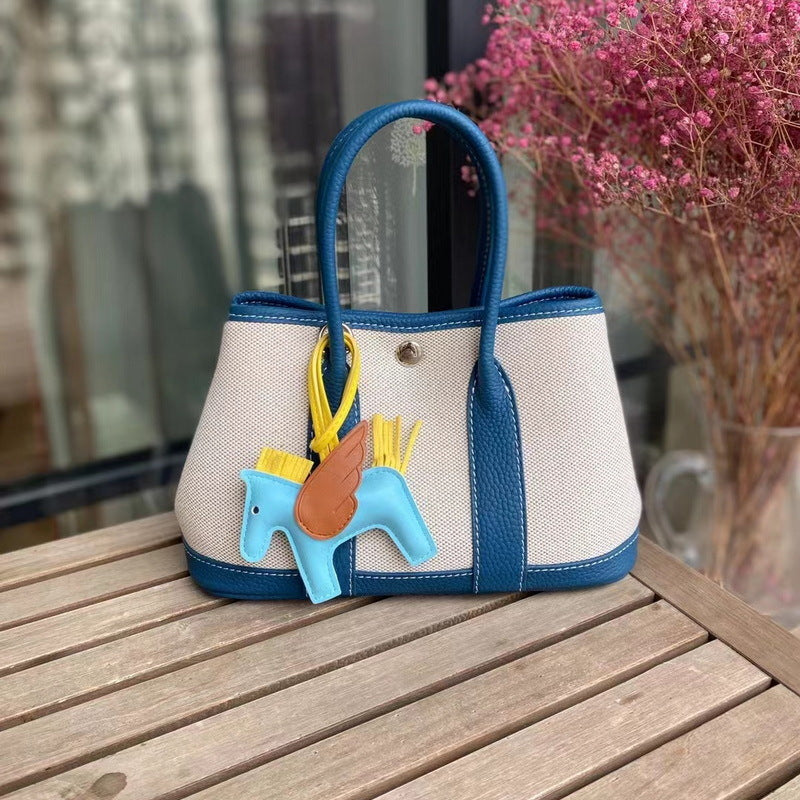 Canvas & Leather Inspired Garden Party Bag Contrast Color Handbags for Woman