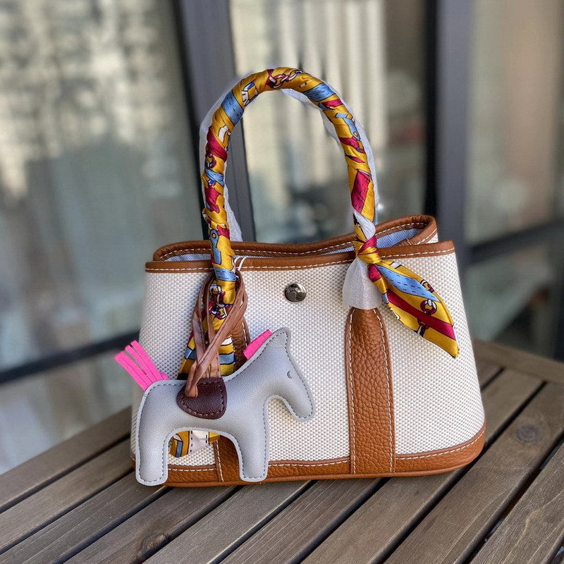 Canvas & Leather Inspired Garden Party Bag Contrast Color Handbags for Woman