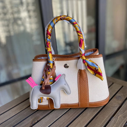 Canvas & Leather Inspired Garden Party Bag Contrast Color Handbags for Woman