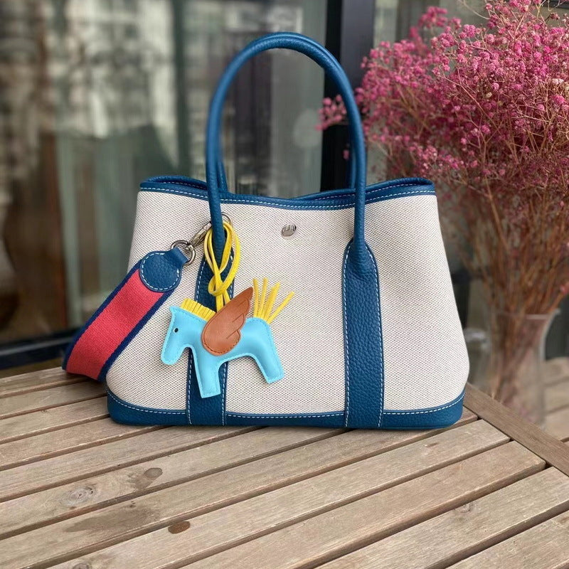 Canvas & Leather Inspired Garden Party Bag Contrast Color Handbags for Woman