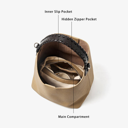 Premium Soft Top Grain Leather Bucket Bag - Minimalist Hobo Tote with Inner Pouch