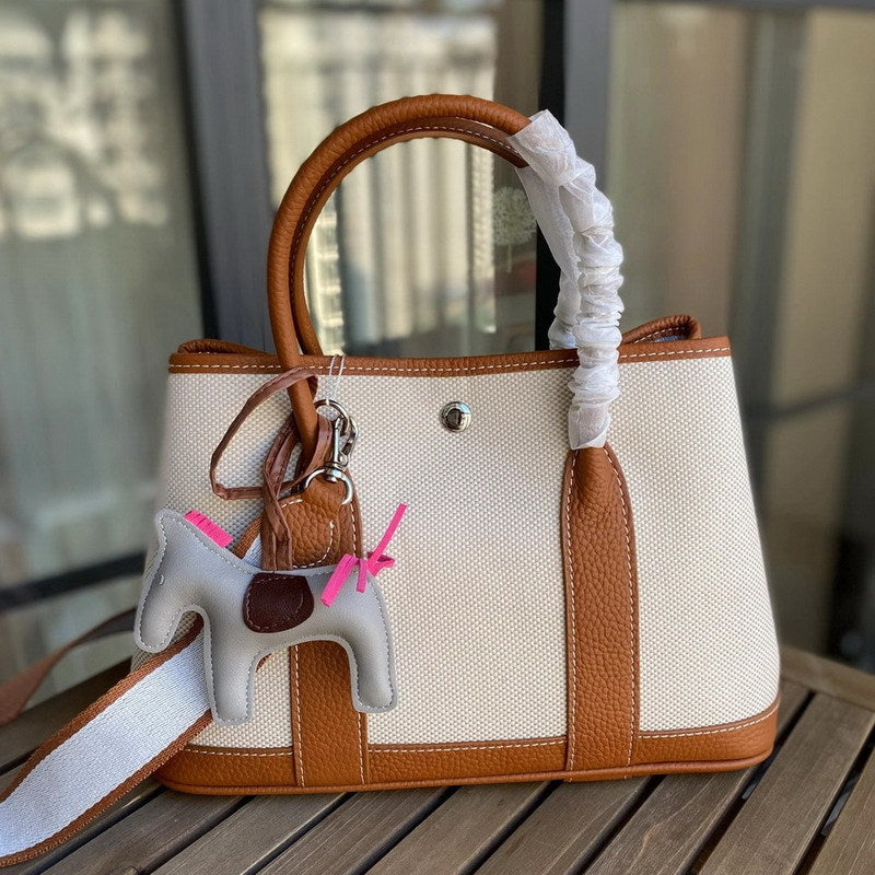 Canvas & Leather Inspired Garden Party Bag Contrast Color Handbags for Woman