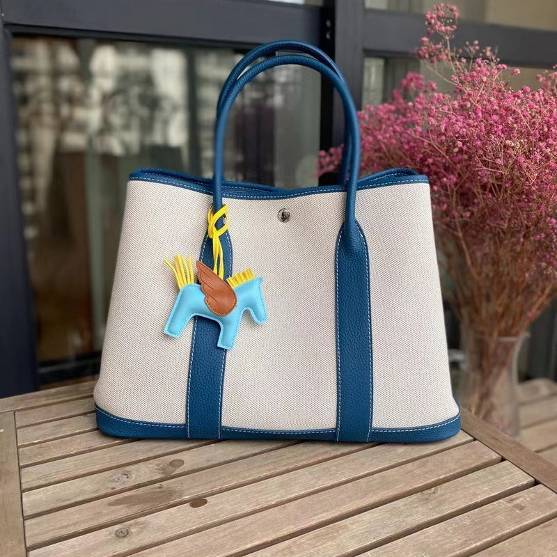 Canvas & Leather Inspired Garden Party Bag Contrast Color Handbags for Woman