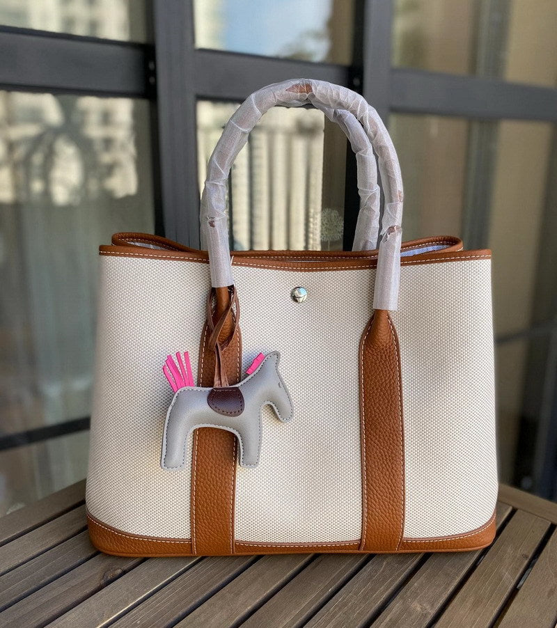 Canvas & Leather Inspired Garden Party Bag Contrast Color Handbags for Woman
