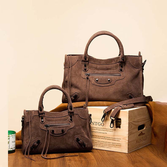 Nubuck Leather Moto City Tote Bag - Large Studded Hobo Purse