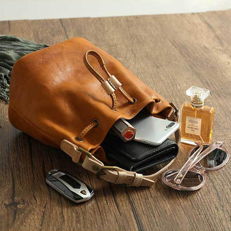 Drawstring Retro Vegetable Tanned Leather Bucket Bags Woman Genuine Leather Bag