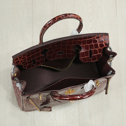Crocodile Pattern Glossy Leather Handbags for Woman | Golden Hardware