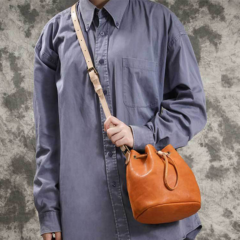 Drawstring Retro Vegetable Tanned Leather Bucket Bags Woman Genuine Leather Bag