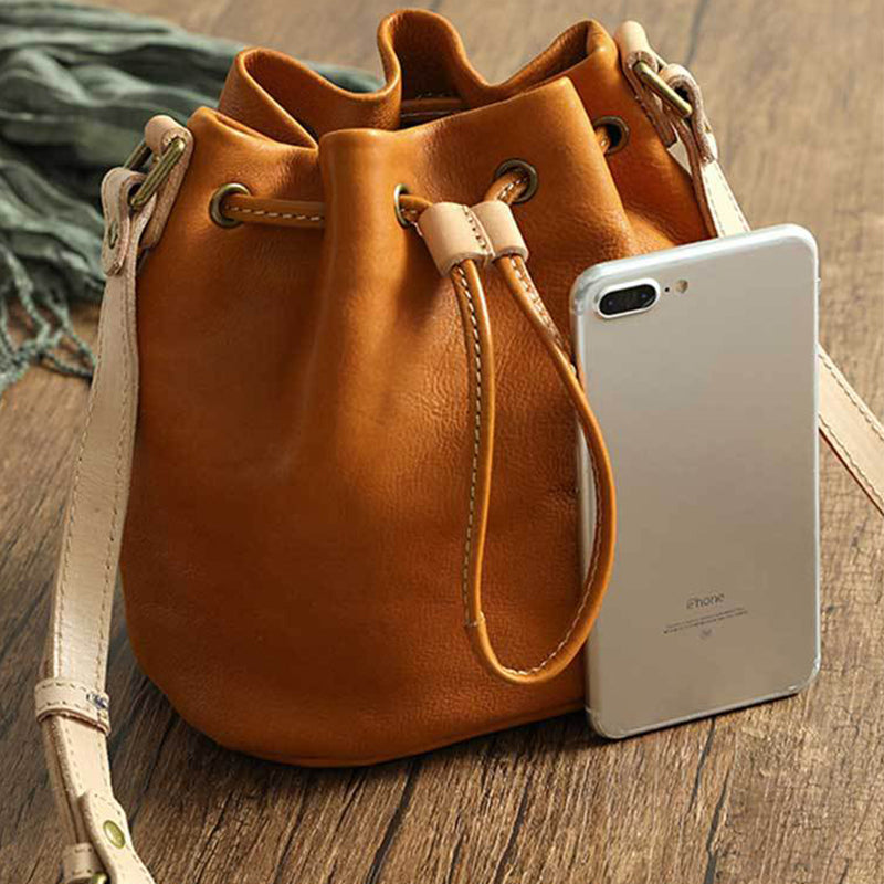 Drawstring Retro Vegetable Tanned Leather Bucket Bags Woman Genuine Leather Bag
