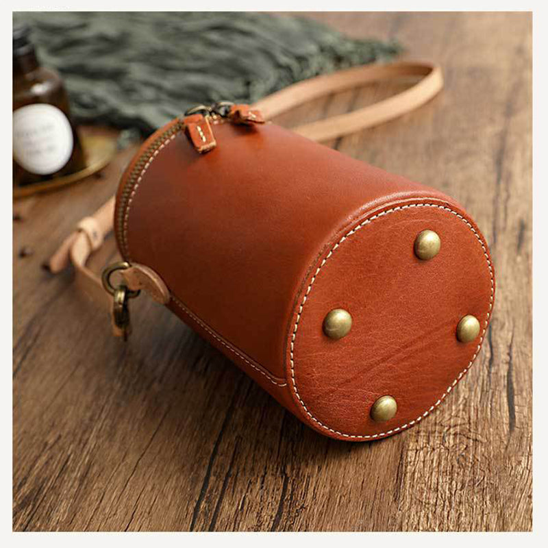 Retro Vegetable Tanned Leather Small Bucket Bags Genuine Leather Purses