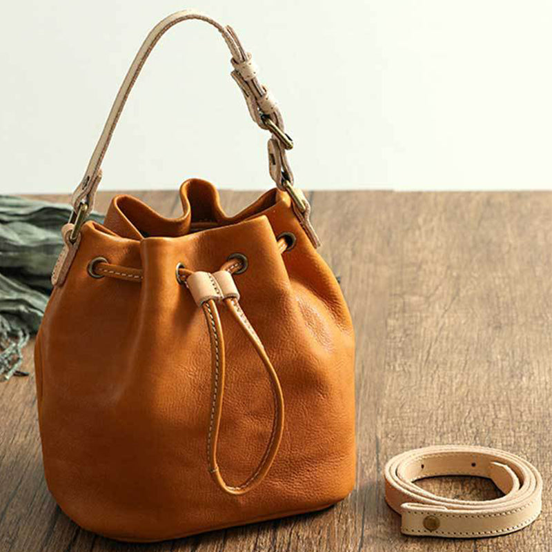 Drawstring Retro Vegetable Tanned Leather Bucket Bags Woman Genuine Leather Bag