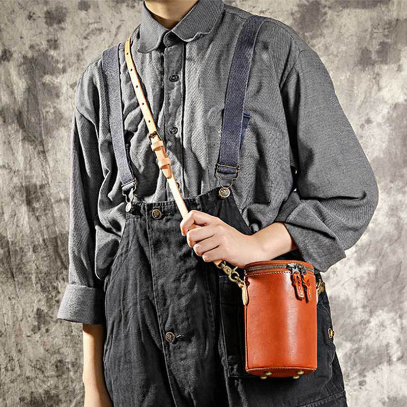 Retro Vegetable Tanned Leather Small Bucket Bags Genuine Leather Purses