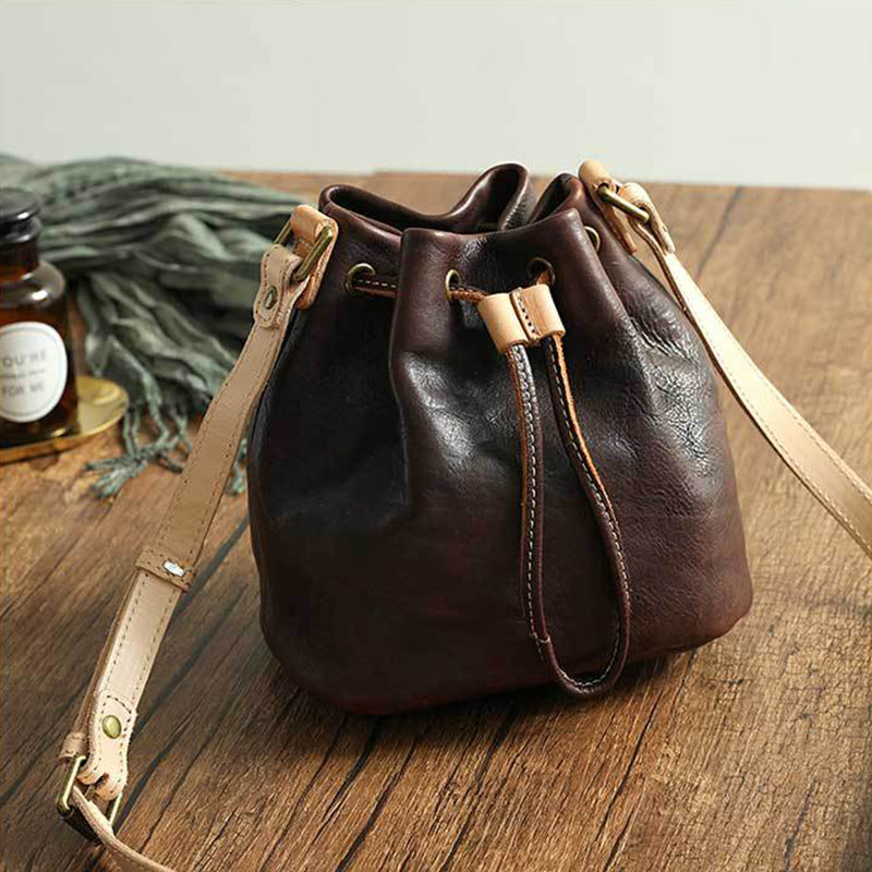 Drawstring Retro Vegetable Tanned Leather Bucket Bags Woman Genuine Leather Bag