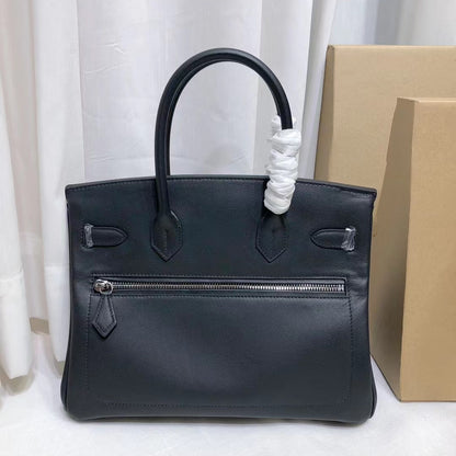 Black Birkin Bag with Silver Hardware and Exterior Zipper