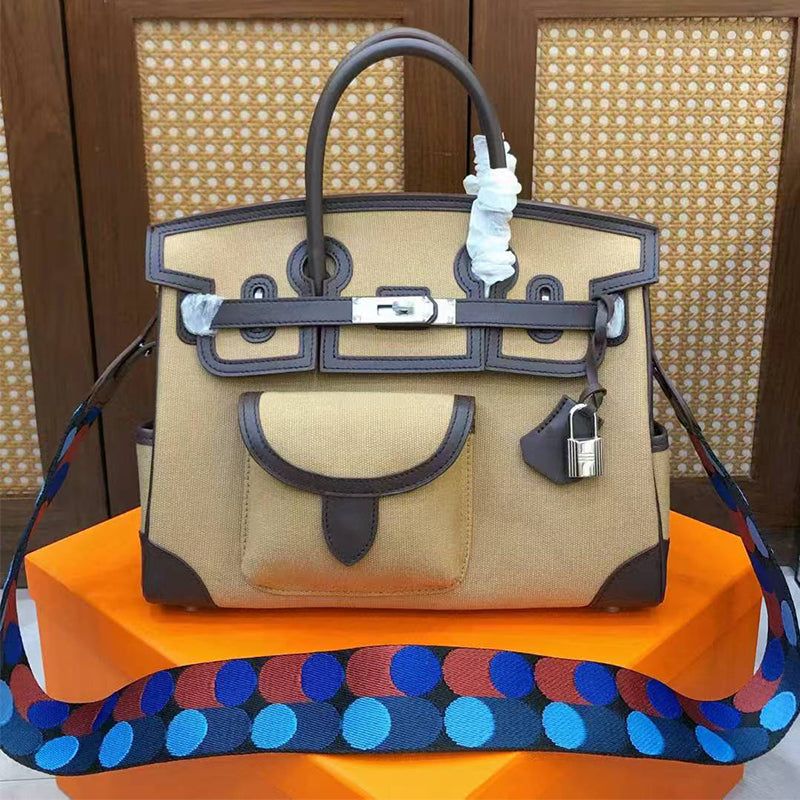 Inspired Berkin Cargo Bag Canvas Swift Leather Handbags 25cm 30cm | Automatic 15% OFF at Checkout