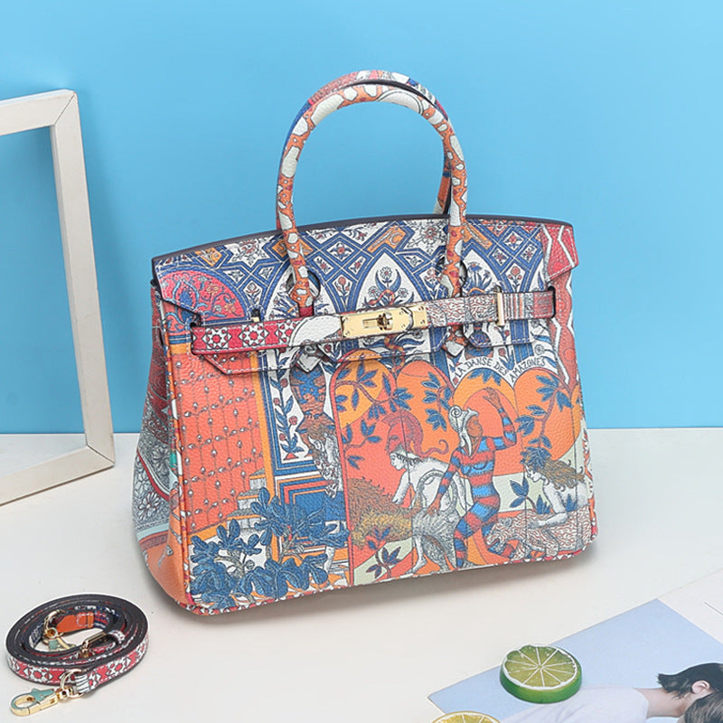 Limited Edition Graffiti Berkin Style Handbag 30cm Top Grain Leather Shoulder Bag