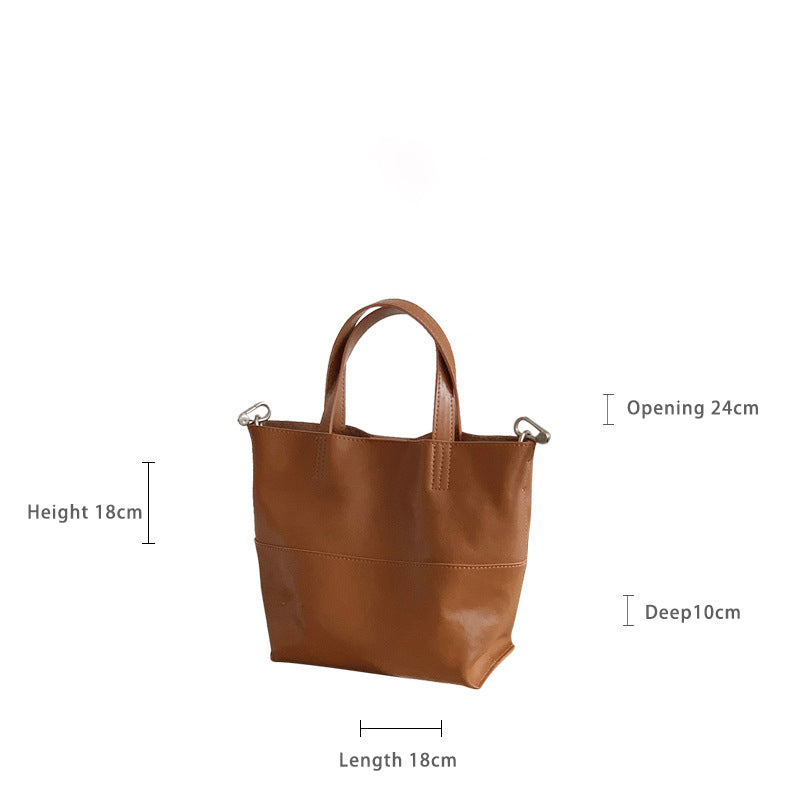 Size guide for leather mini tote bag showing dimensions: 18 cm height, 18 cm length, 10 cm depth, and 24 cm opening.