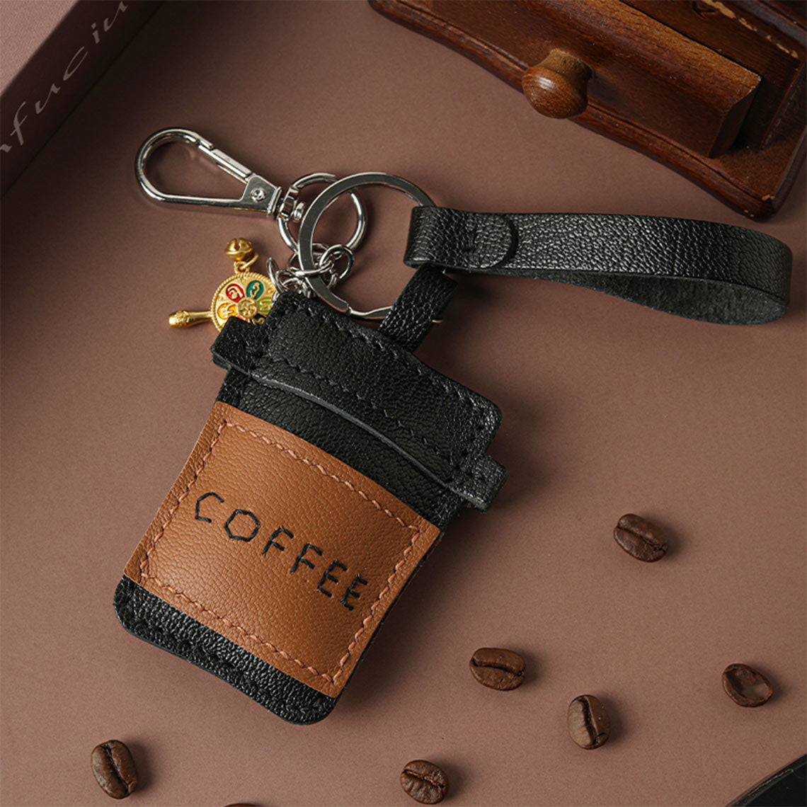 Leather bag charm keychain | Coffee keychains