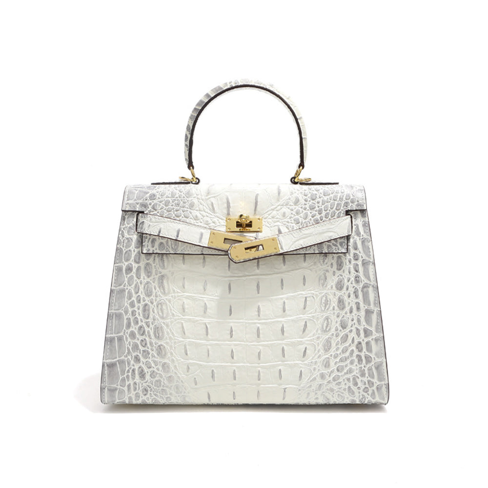 Himalayan White crocodile embossed leather Kelly bag with gold-tone hardware.