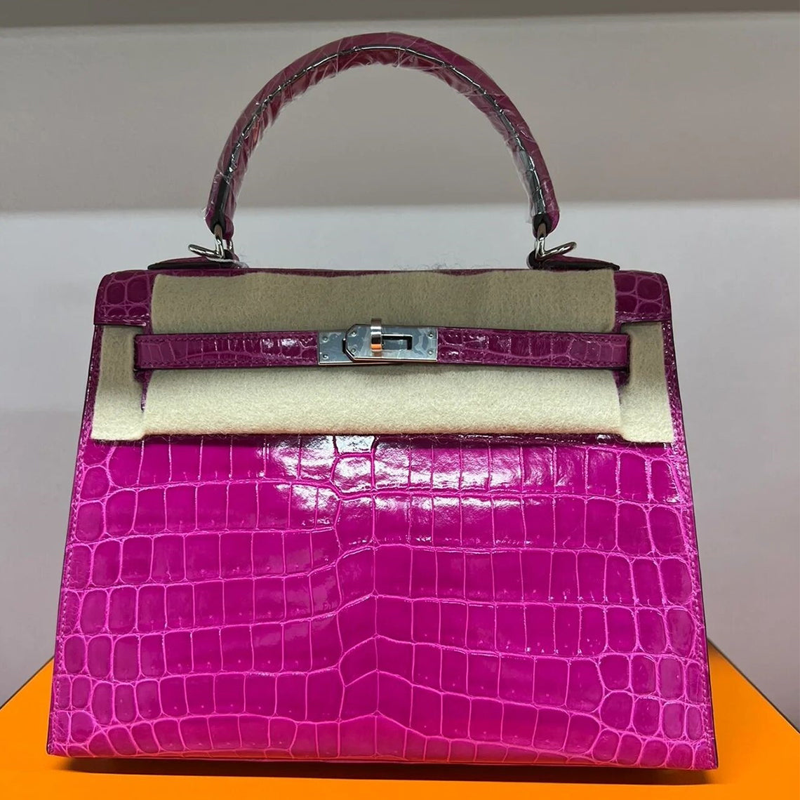 Rose purple crocodile embossed leather Kelli bag with silver hardware