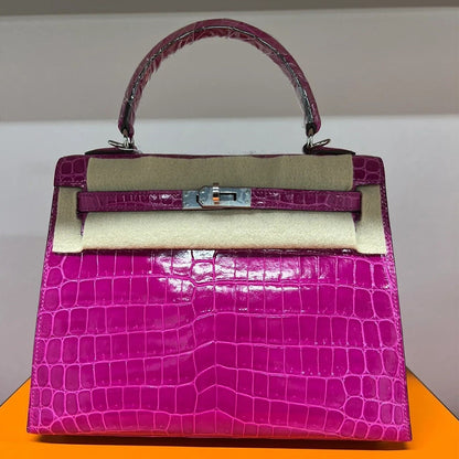Rose purple crocodile embossed leather Kelli bag with silver hardware