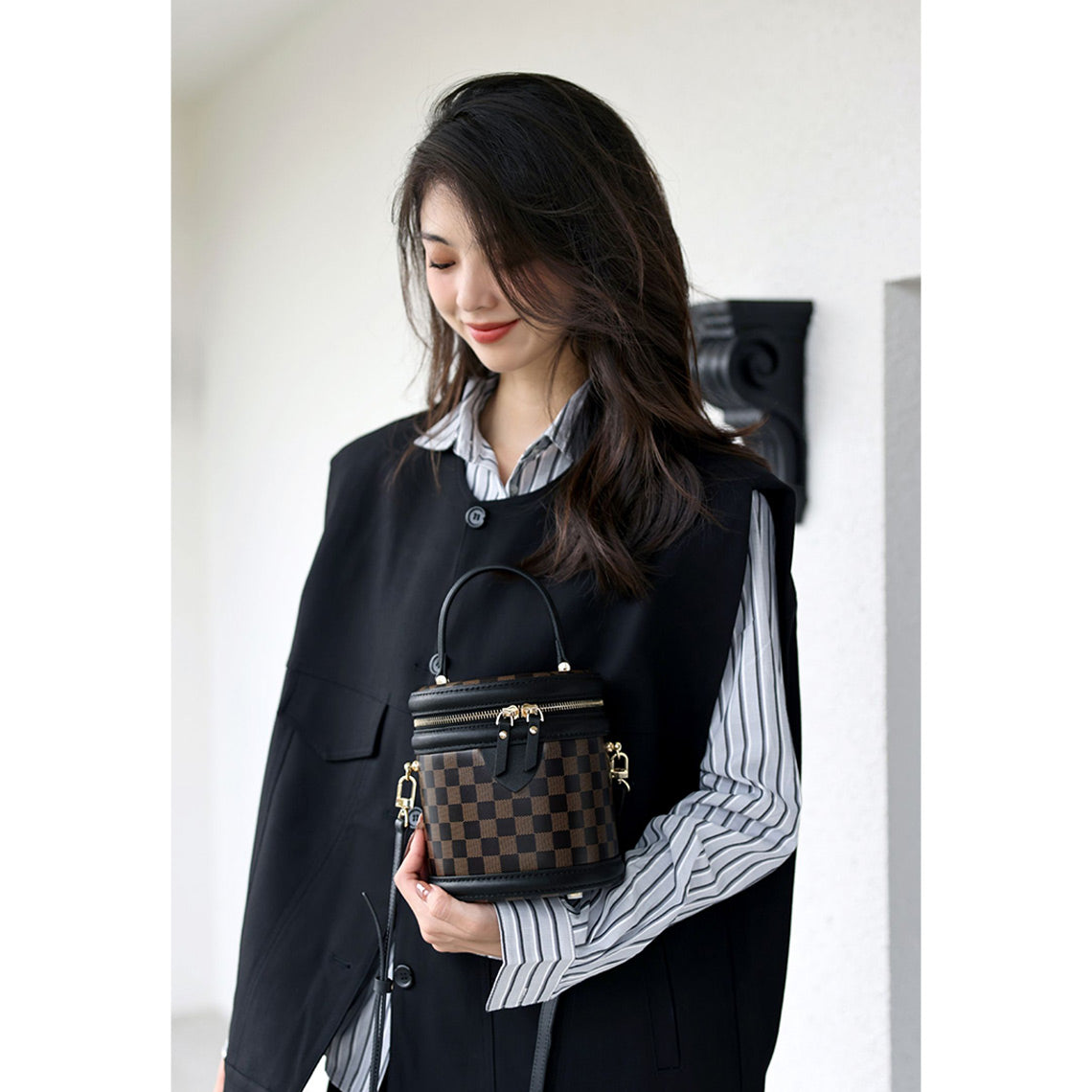 HANDSEWGIFT Top Grain Leather Checker Bucket Bag DIY Kits