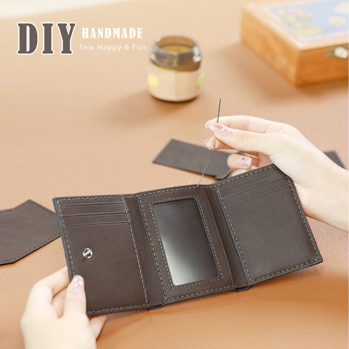 HANDSEWGIFT Top Grain Leather Buckle Trifold Wallet DIY Kits