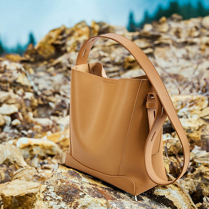 Minimalist Leather Bucket Bag - Large Capacity Commuter Shoulder Bag