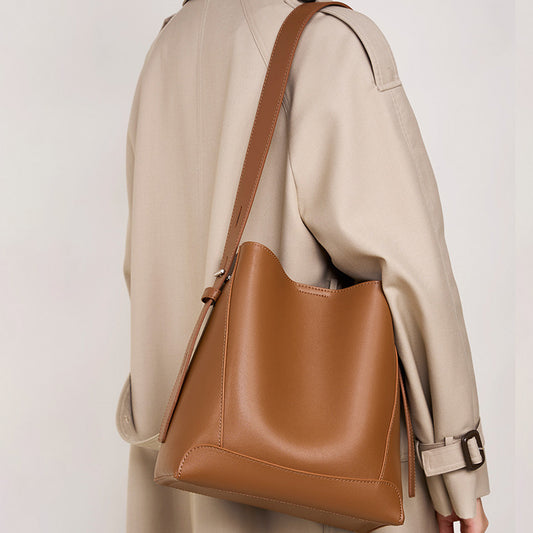 Minimalist Leather Bucket Bag - Large Capacity Commuter Shoulder Bag