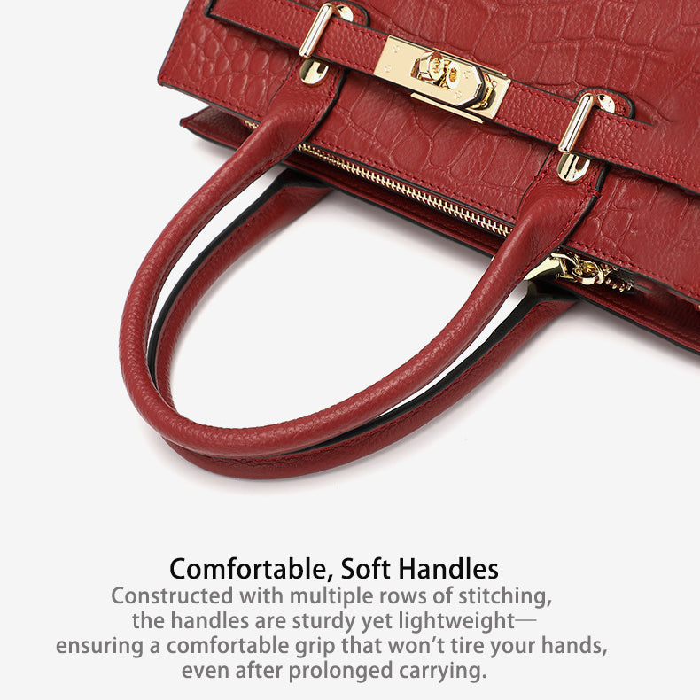 Croc-Embossed Genuine Leather Tote - Elegant Top-Handle Satchel Bag for Women