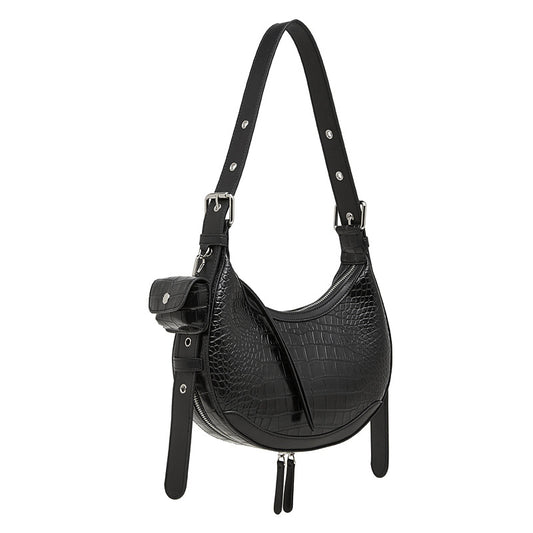 Black Crocodile-embossed texture accented with studs, featuring a shell-shaped silhouette.