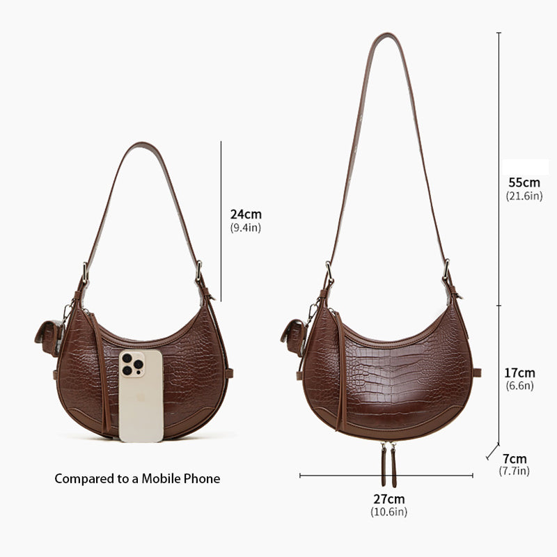 A 27 cm vintage-style brown crocodile-embossed shoulder bag, crafted from high-quality, thick leather and durable hardware (weighing 1 kg). The images include size references: Length 27 cm, Height 17 cm, Width 7 cm.