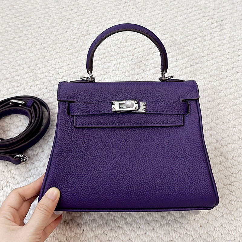  Premium Anemone leather Kelli mini bag with a classic top-handle design and sleek silver clasp.