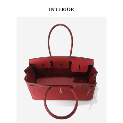 Red handbag with gold accents