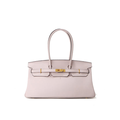 Light Pink Top Grain Leather JPG Birkin Inspired Long Handle Shoulder Bag in 40 cm with Gold Hardware and a structured horizontal silhouette.