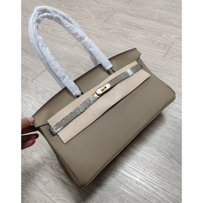 Taupe Top Grain Leather JPG Birkin Inspired Long Handle Shoulder Bag in 40cm with Gold Hardware and a structured horizontal silhouette.